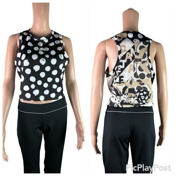 Adidas Back & White Polka Dotted & Gold Animal Print Cropped Tank Top - Picture 1 of 6